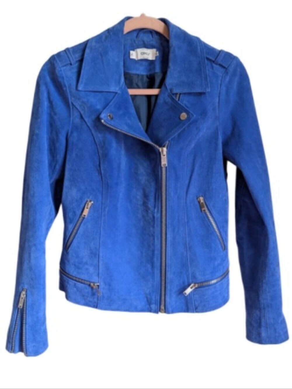ONLY Electric Blue Suede Leather Bohemian Streetwear Biker Moto Jacket Small